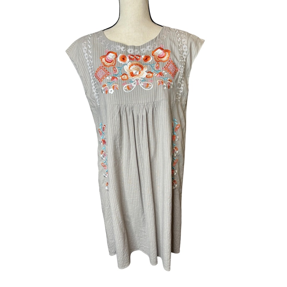 Boho Embroidered Pinstripe Shift Dress Gray Orange Floral Sleeveless Medium